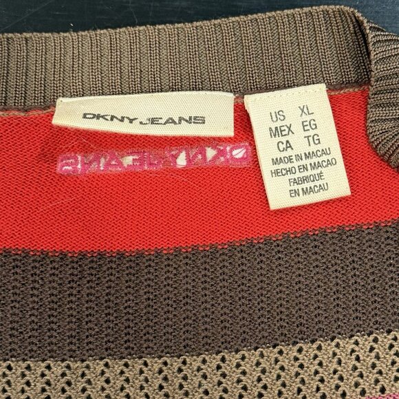 Y2K DKNY Jeans Brown Pink Red Striped Long Sleeve Henley Sweater Womens XL - Picture 7 of 11